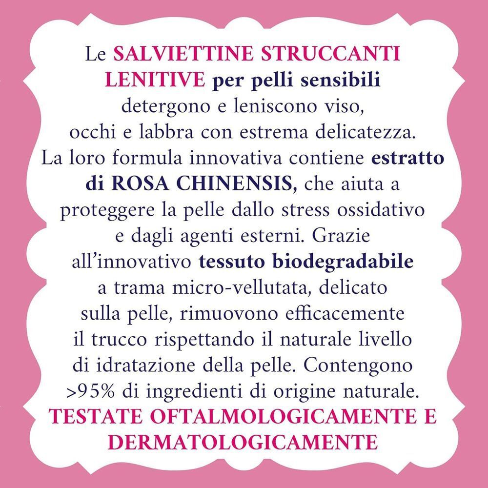 Descrizione testuale delle Salviettine Struccanti Lenitive Acqua alle Rose per pelli sensibili.