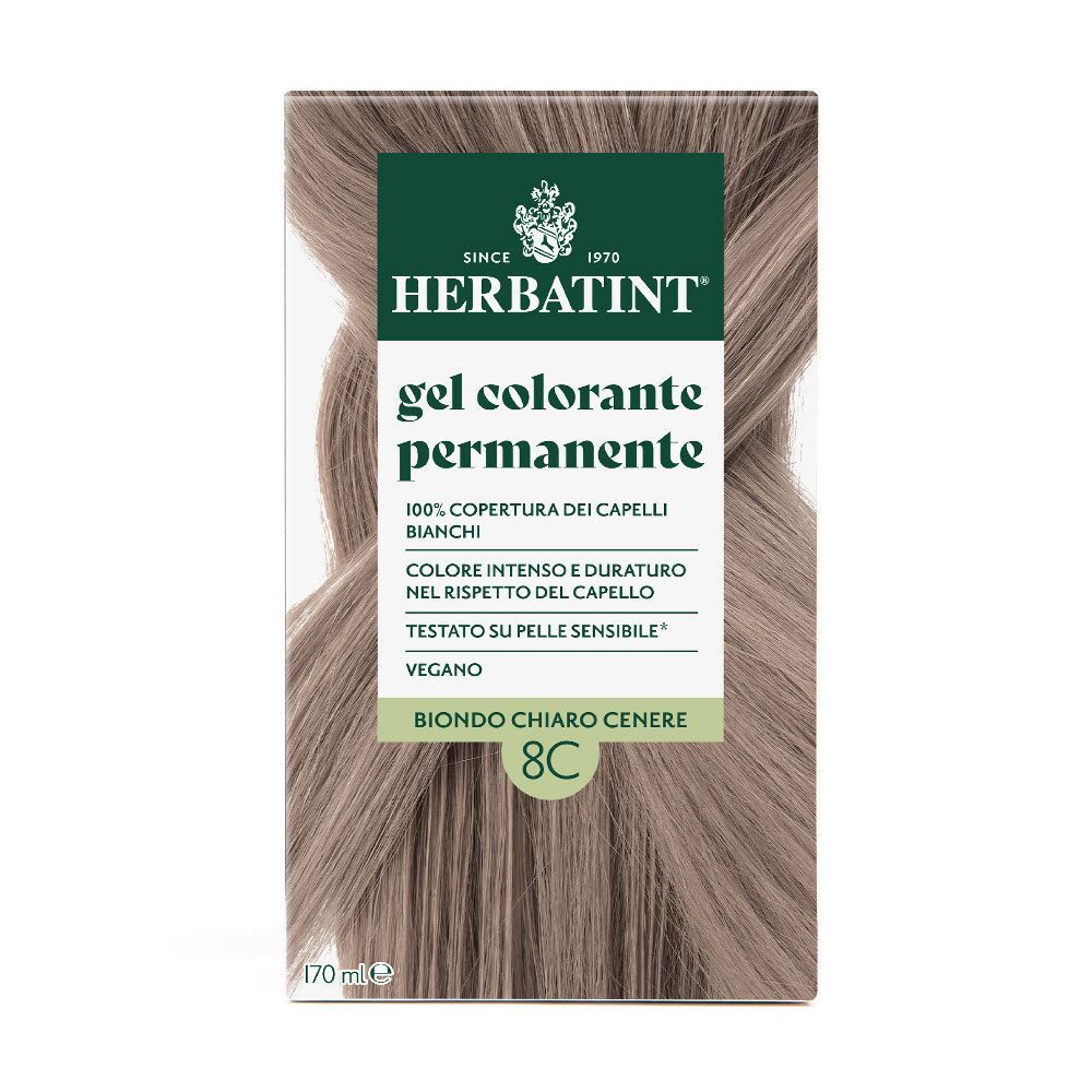 Herbatint colorazione permanente, 8C Biondo Chiaro Cenere. Fronte della confezione con informazioni colore e prodotto.