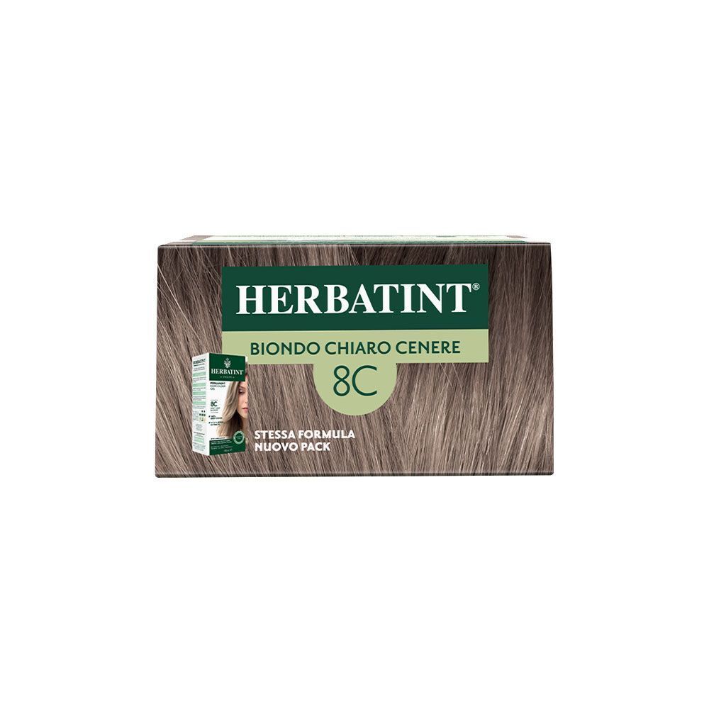 Herbatint colorazione permanente, 8C Biondo Chiaro Cenere. Confezione compatta con immagine del prodotto.