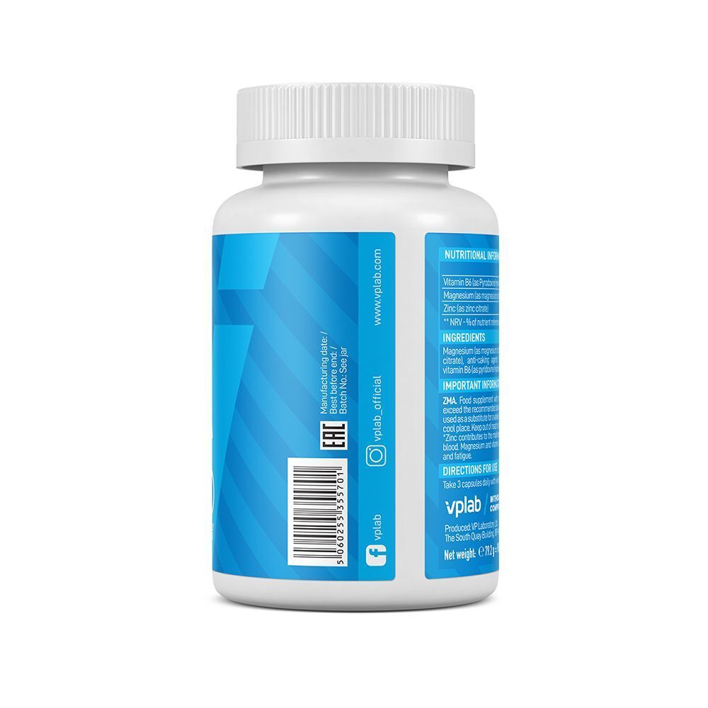 Retro di un contenitore di capsule VPLAB ZMA con informazioni nutrizionali e codice a barre.