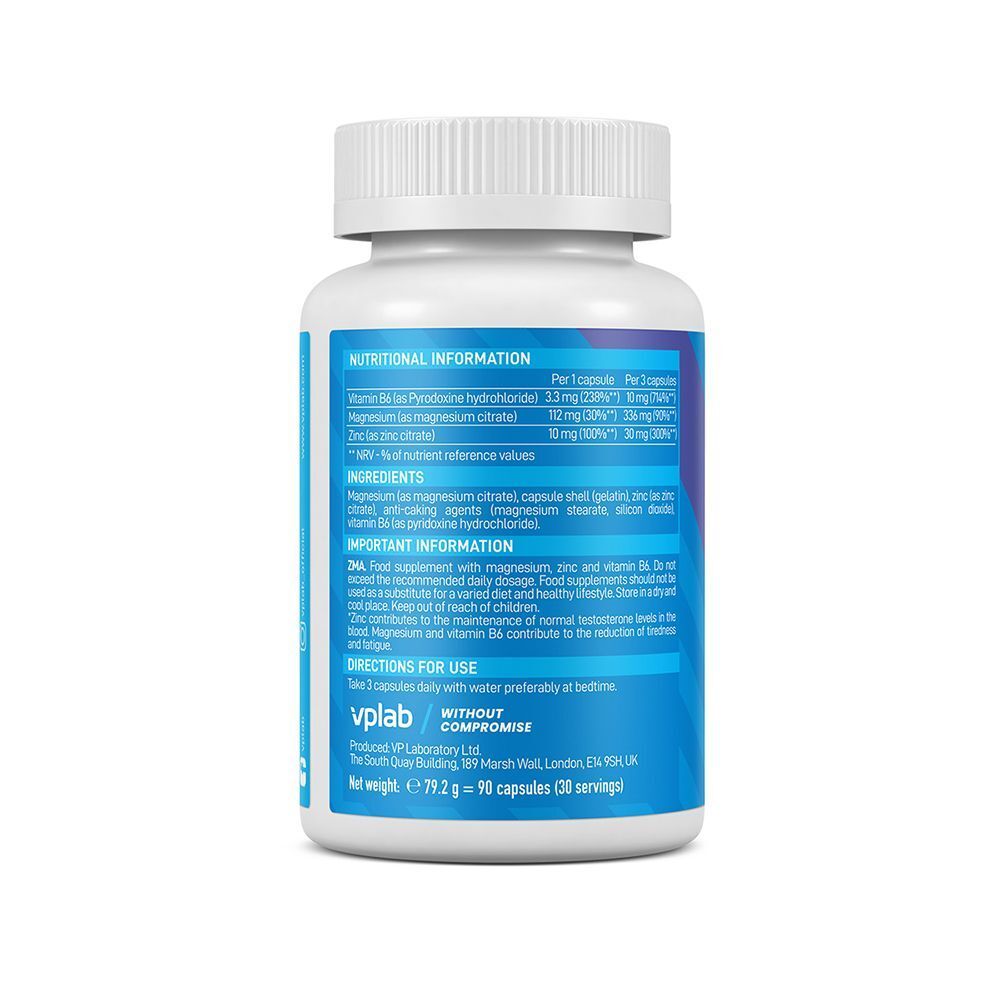 Retro di un contenitore di capsule VPLAB ZMA con informazioni nutrizionali e d'uso dettagliate.