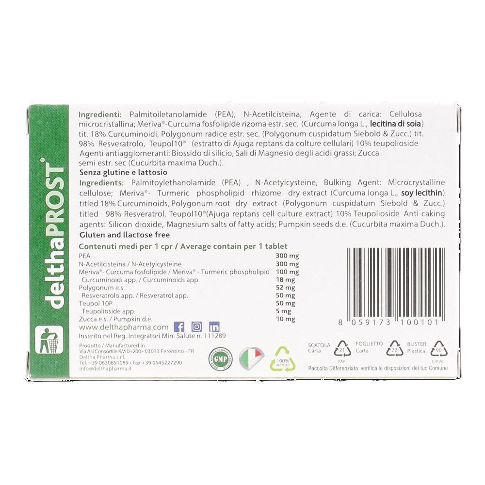Retro di una confezione di Deltha Prost integratore alimentare con elenco ingredienti e codice a barre.
