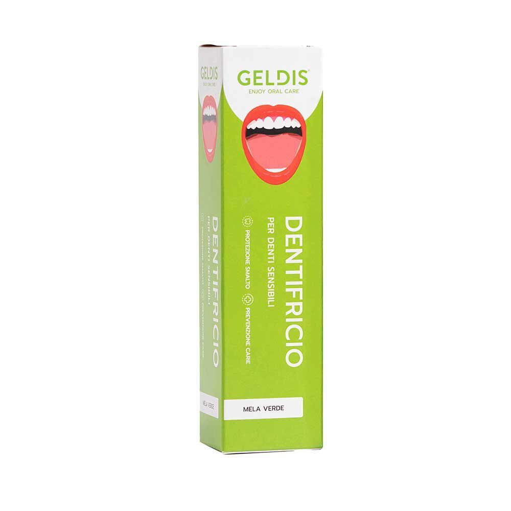 Scatola del dentifricio "Geldis" con design Mela Verde e logo bocca aperta.