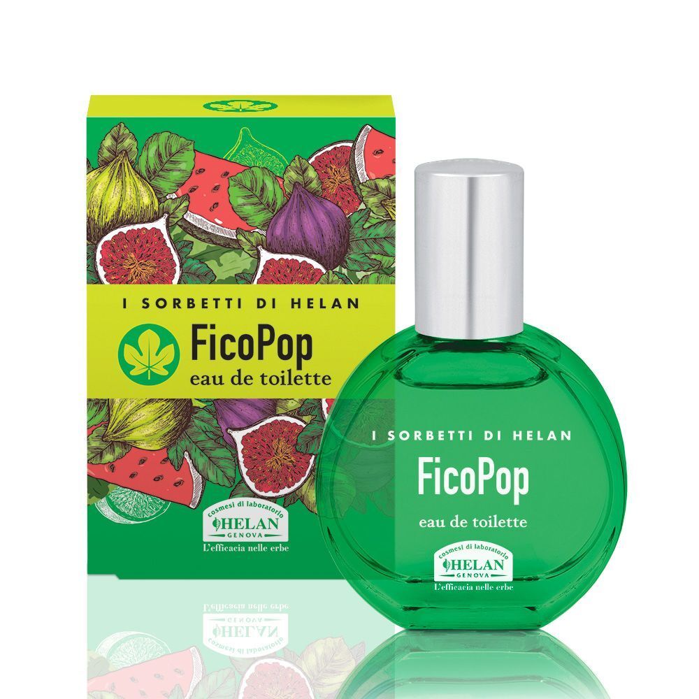 Flacone in vetro verde Eau de Toilette FicoPop accanto a una scatola decorata con fichi e anguria.