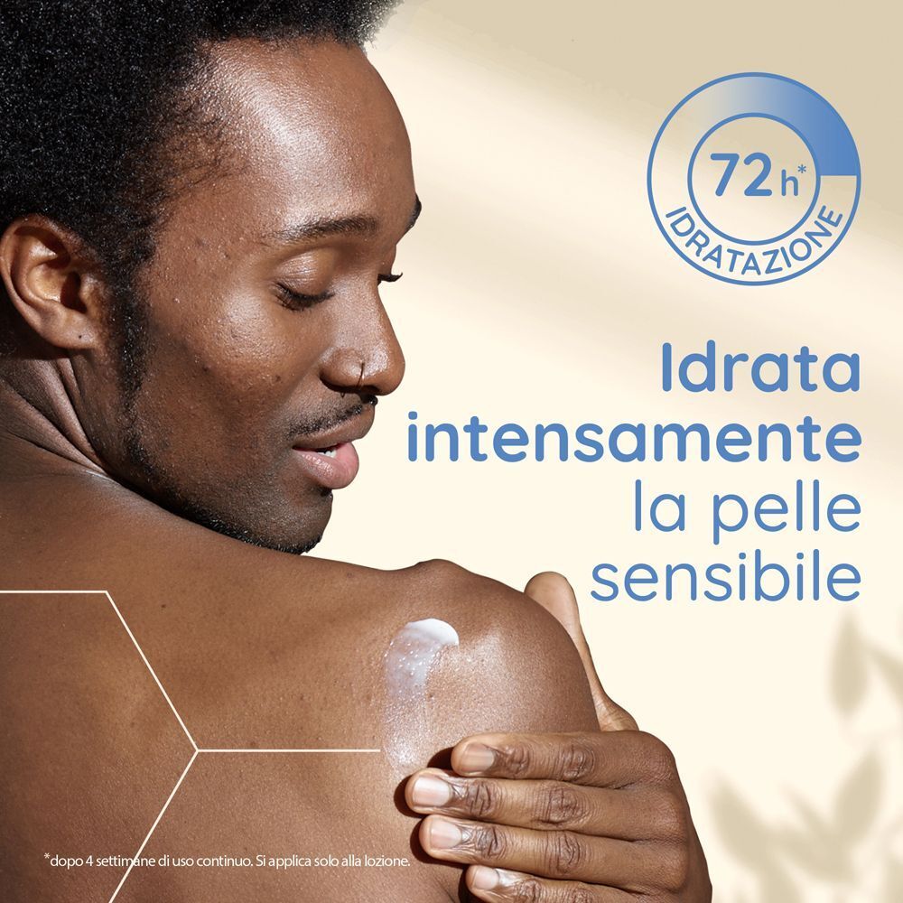Un uomo applica la lozione Aveeno Skin Relief sulla spalla. Idratazione 72h.