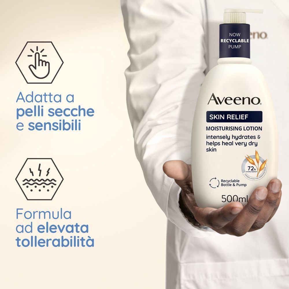 Lozione Aveeno Skin Relief: adatta a pelli secche e sensibili. Alta tollerabilità.