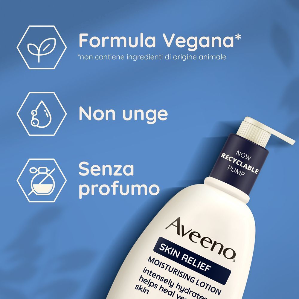 Lozione Aveeno Skin Relief: formula vegana, non unge, senza profumo.