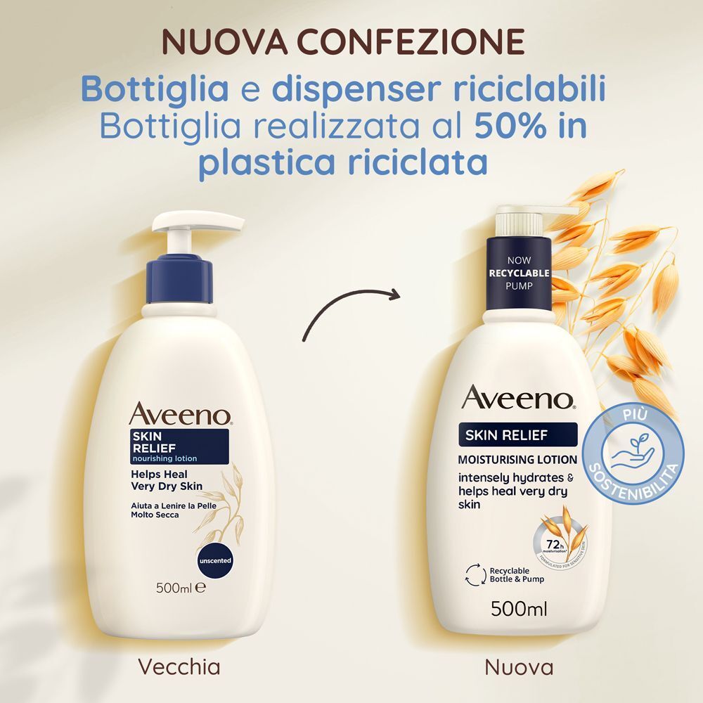 Nuova confezione: Aveeno Skin Relief lotion con flacone e dispenser riciclabili.