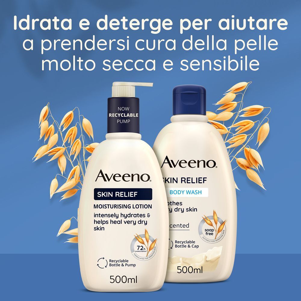 Lozione e bagnoschiuma Aveeno Skin Relief per pelli molto secche e sensibili.