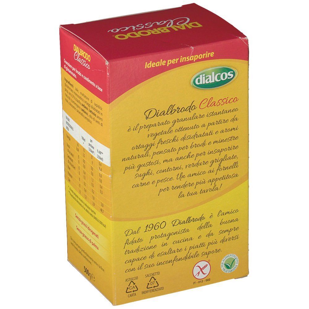 Retro di una confezione di Dialcos Dialbrodo Classico vegetale con descrizione del prodotto.