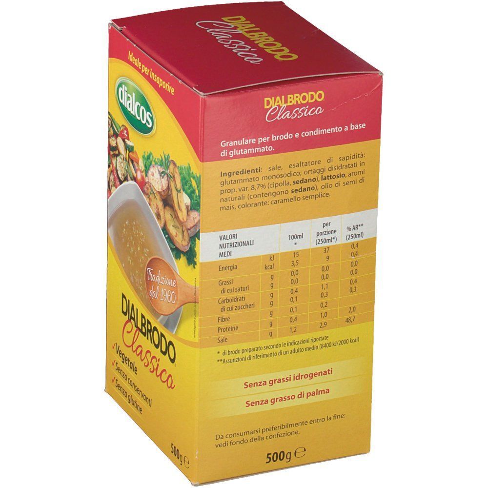 Brodo vegetale Dialcos Dialbrodo Classico, 500g. Retro con tabella nutrizionale e lista ingredienti.