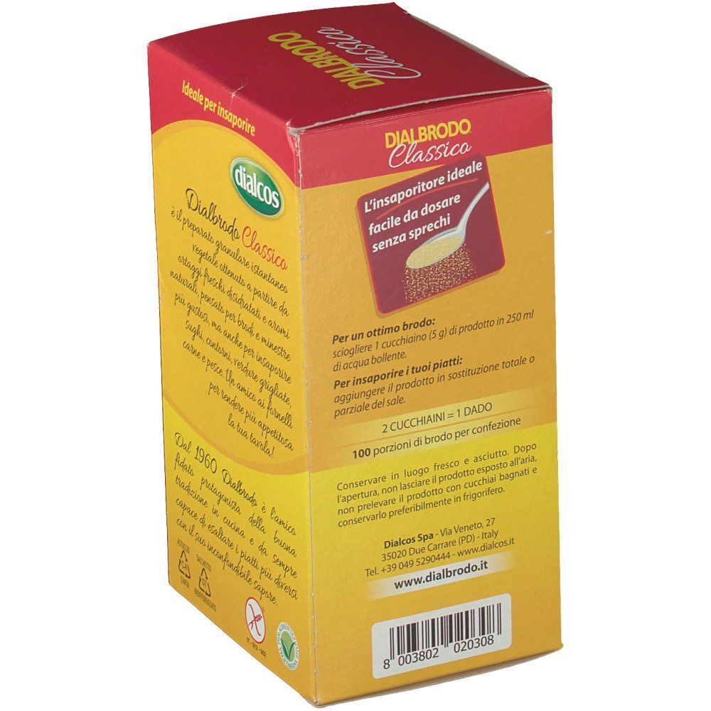 Brodo vegetale Dialcos Dialbrodo Classico, 500g. Lato con istruzioni per la preparazione e codice a barre.