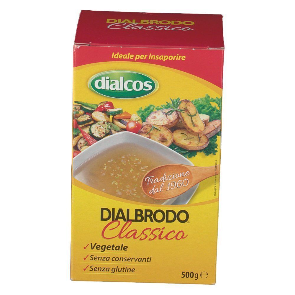 Brodo vegetale Dialcos Dialbrodo Classico, 500g. Fronte con nome del prodotto e immagine di verdure.