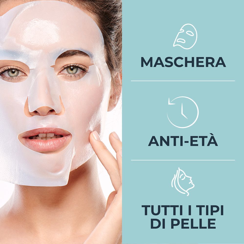 Donna applica maschera Eucerin Hyaluron-Filler. Icone: maschera, anti-età, tutti i tipi pelle.