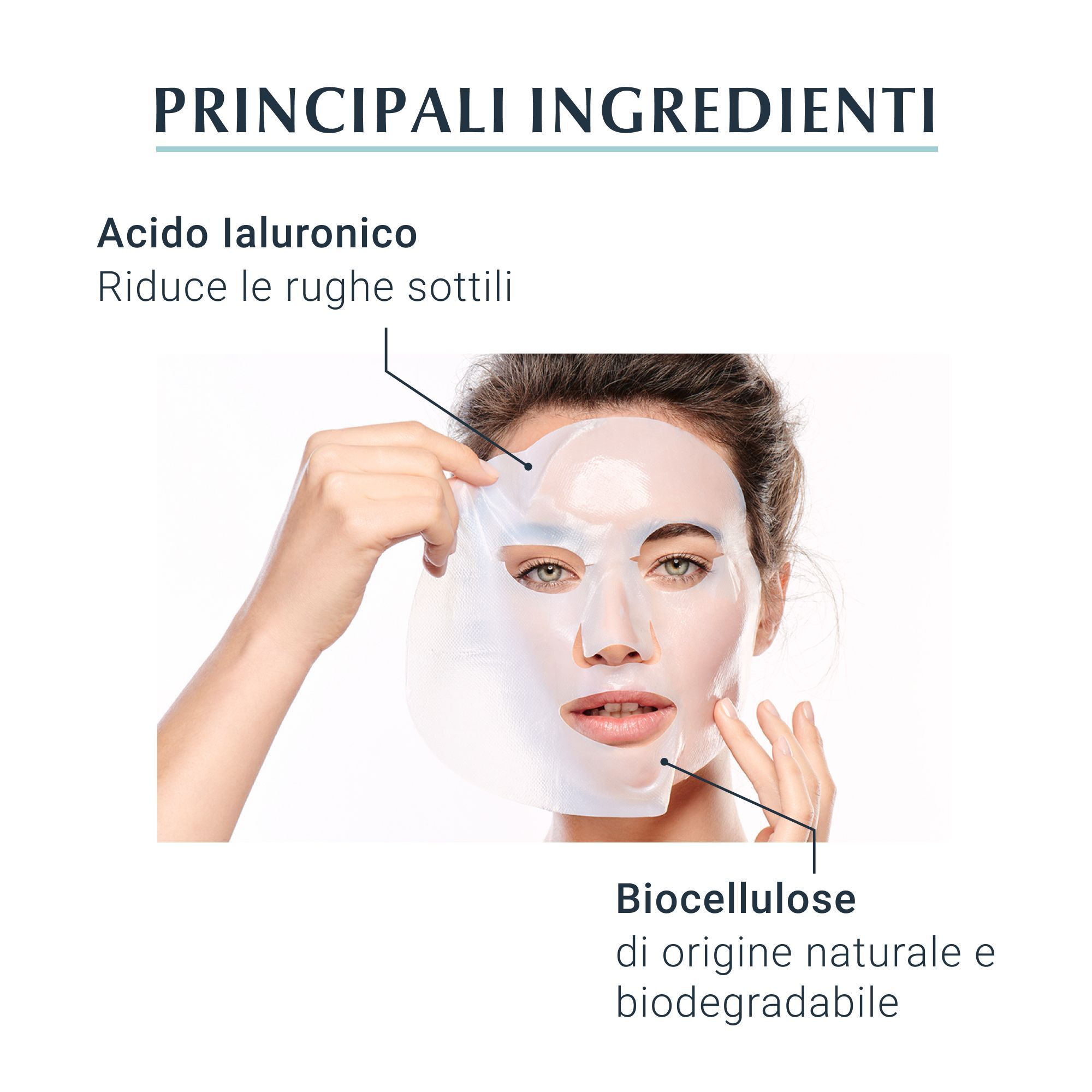 Donna con maschera Eucerin Hyaluron-Filler. Ingredienti: Acido Ialuronico, Biocellulosa.