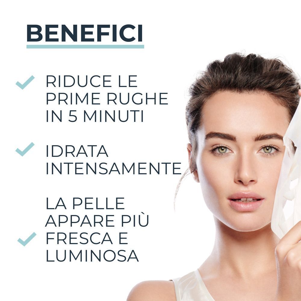 Donna con maschera Eucerin Hyaluron-Filler, che evidenzia i benefici: riduzione rughe, idratazione.
