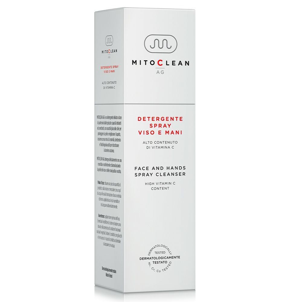 Flacone spray bianco del detergente viso e mani Mitochon Mitoclean AG nella sua confezione aperta.