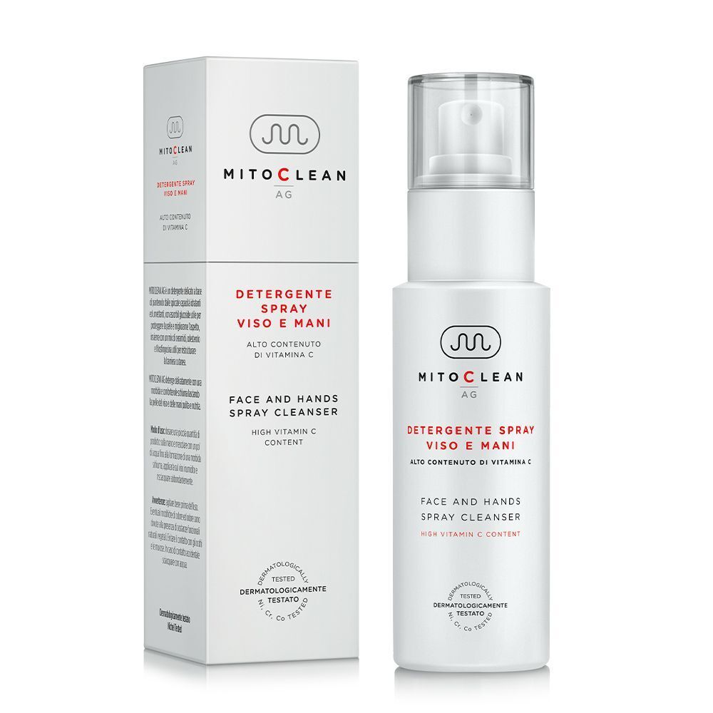 Flacone spray bianco del detergente viso e mani Mitochon Mitoclean AG accanto alla sua confezione aperta.