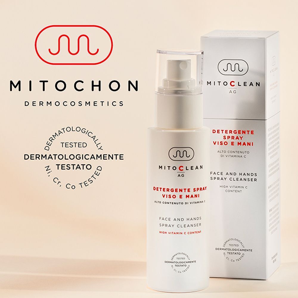 Flacone spray di detergente viso e mani Mitochon Mitoclean AG accanto alla sua scatola.