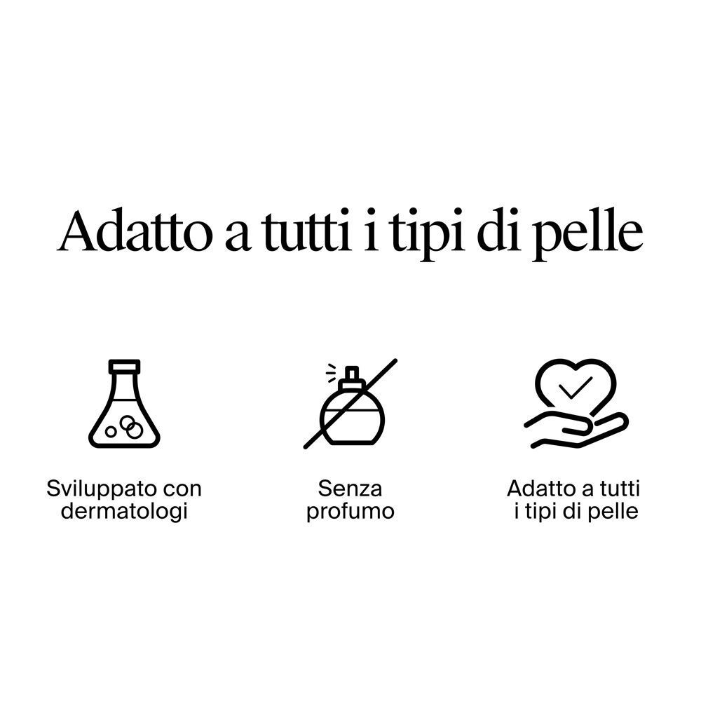 Icone che indicano dermatologicamente testato, senza profumo e adatto a tutti i tipi di pelle.