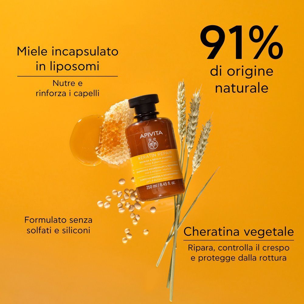 Shampoo riparatore alla cheratina APIVITA con favo, spighe di grano e goccia di miele.