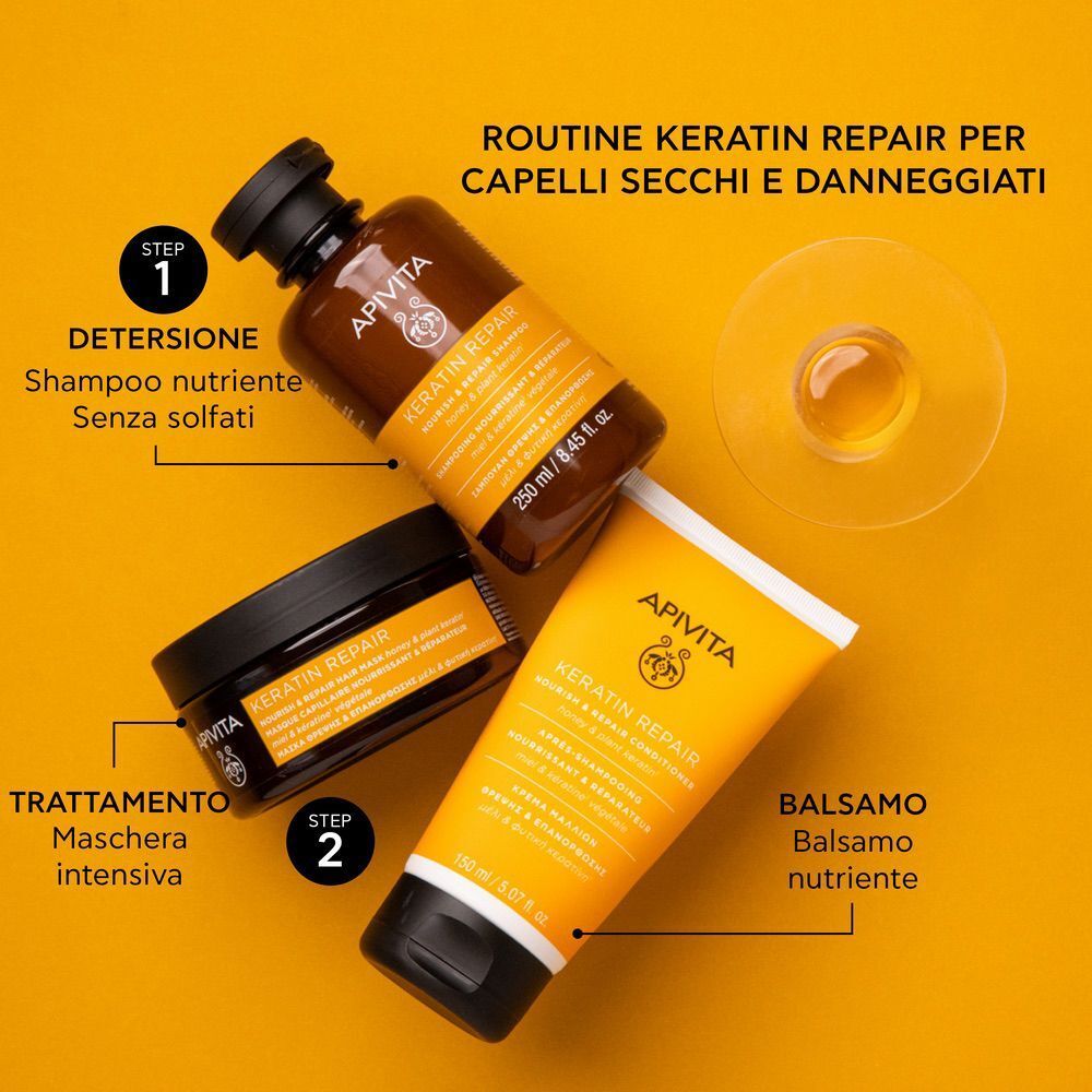 Shampoo, maschera e balsamo riparatori alla cheratina APIVITA su sfondo giallo.