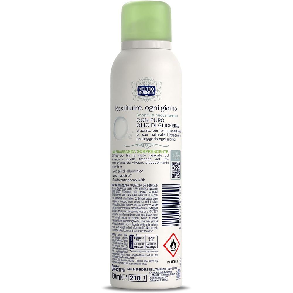 Retro della bomboletta Neutro Roberts Fresco Spray con ingredienti e istruzioni.