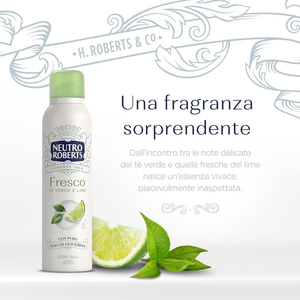 Flacone spray bianco "Neutro Roberts Fresco Te Verde e Lime" accanto a fette di lime e foglie.