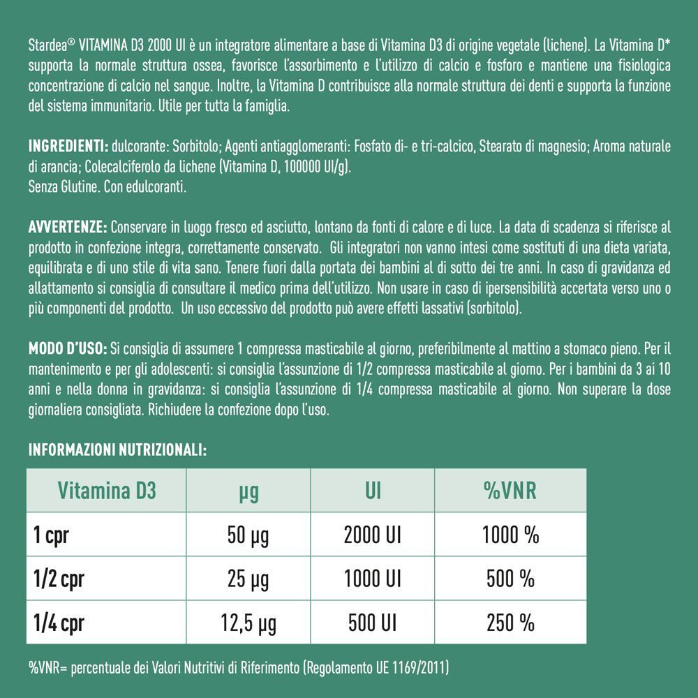 Retro di un flacone Stardea Vitamina D3 Vegetale 2000 UI con informazioni nutrizionali e istruzioni.