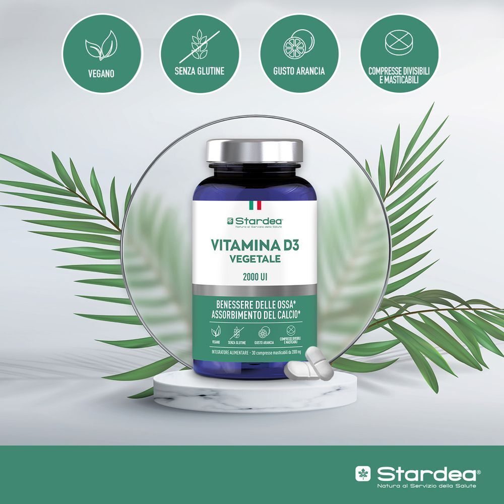 Flacone Stardea Vitamina D3 Vegetale 2000 UI in primo piano, con simboli vegan e senza glutine.