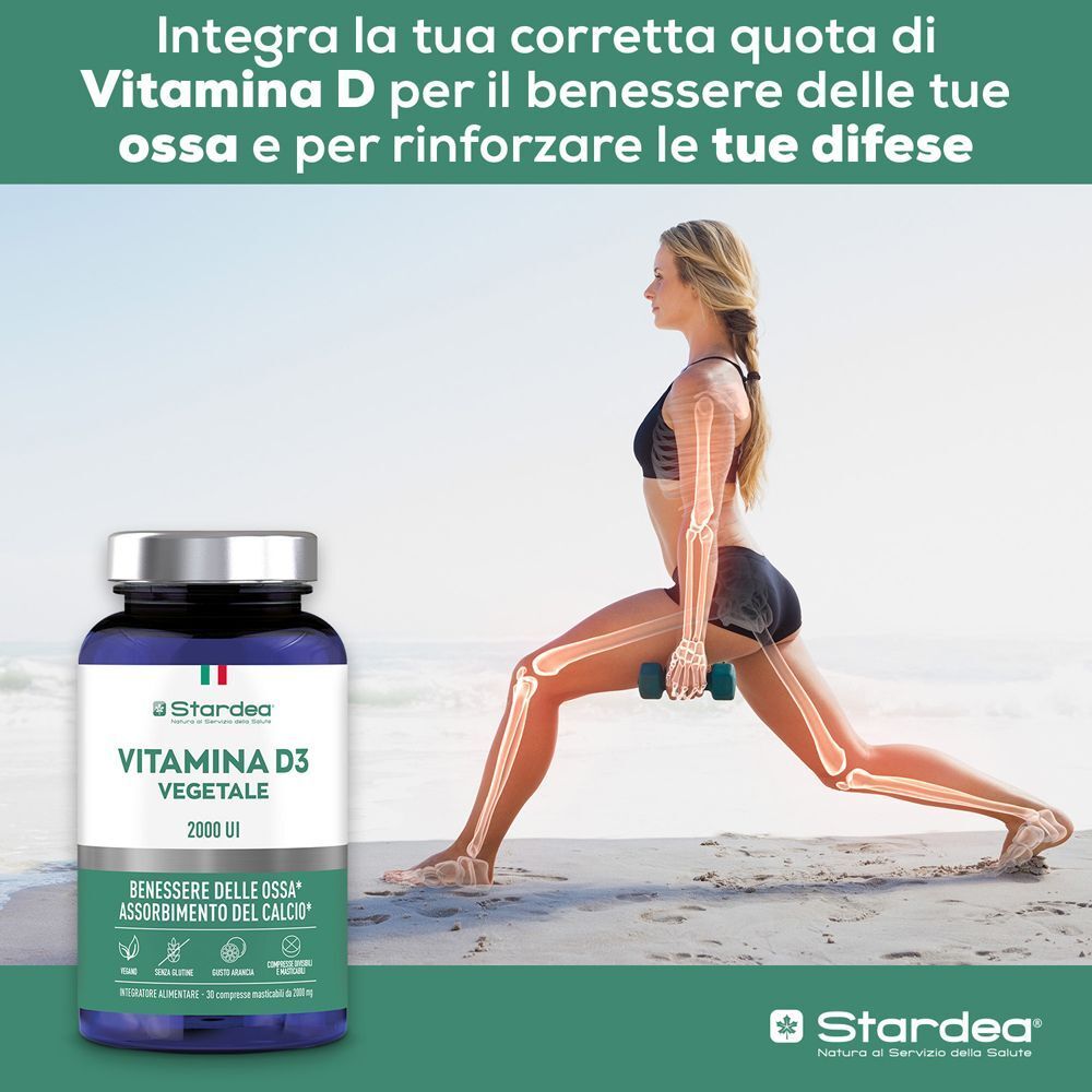 Donna che fa sport con un flacone di Stardea Vitamina D3 Vegetale 2000 UI.