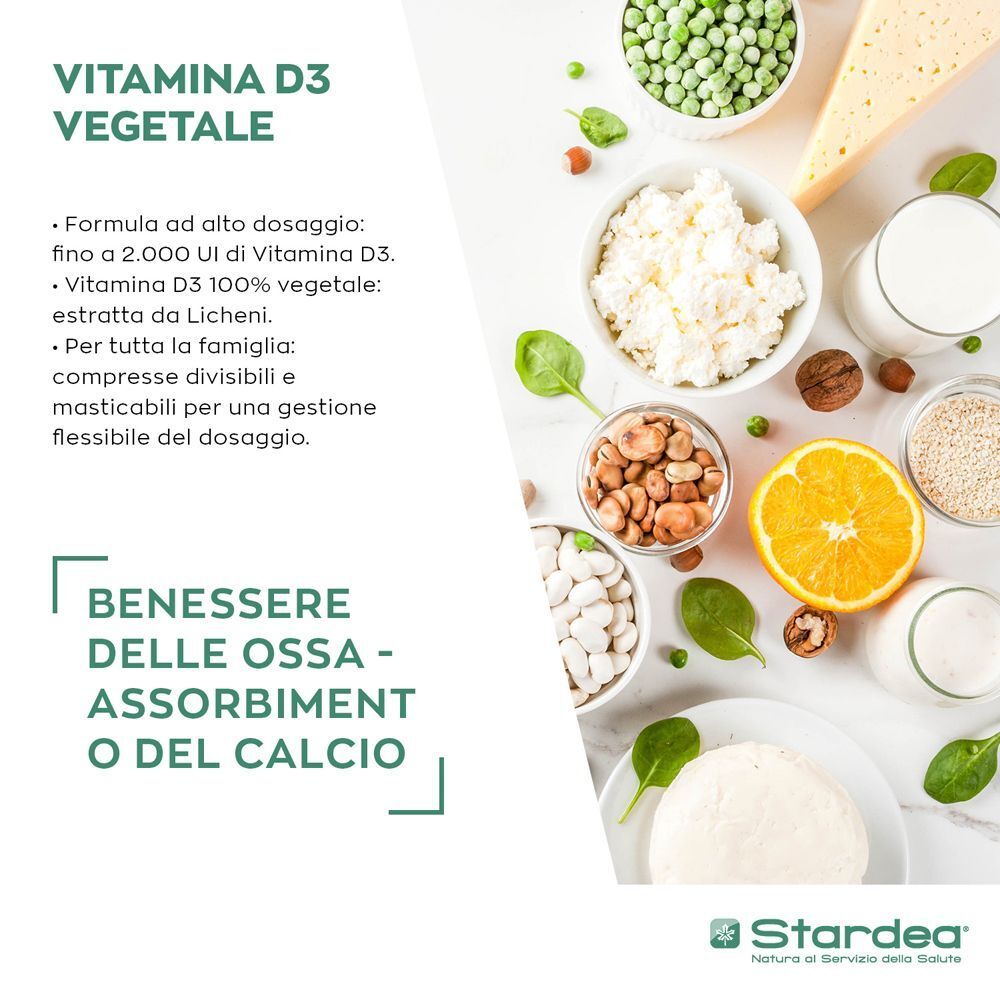 Ingredienti e benefici di Stardea Vitamina D3 Vegetale: benessere ossa, assorbimento calcio.