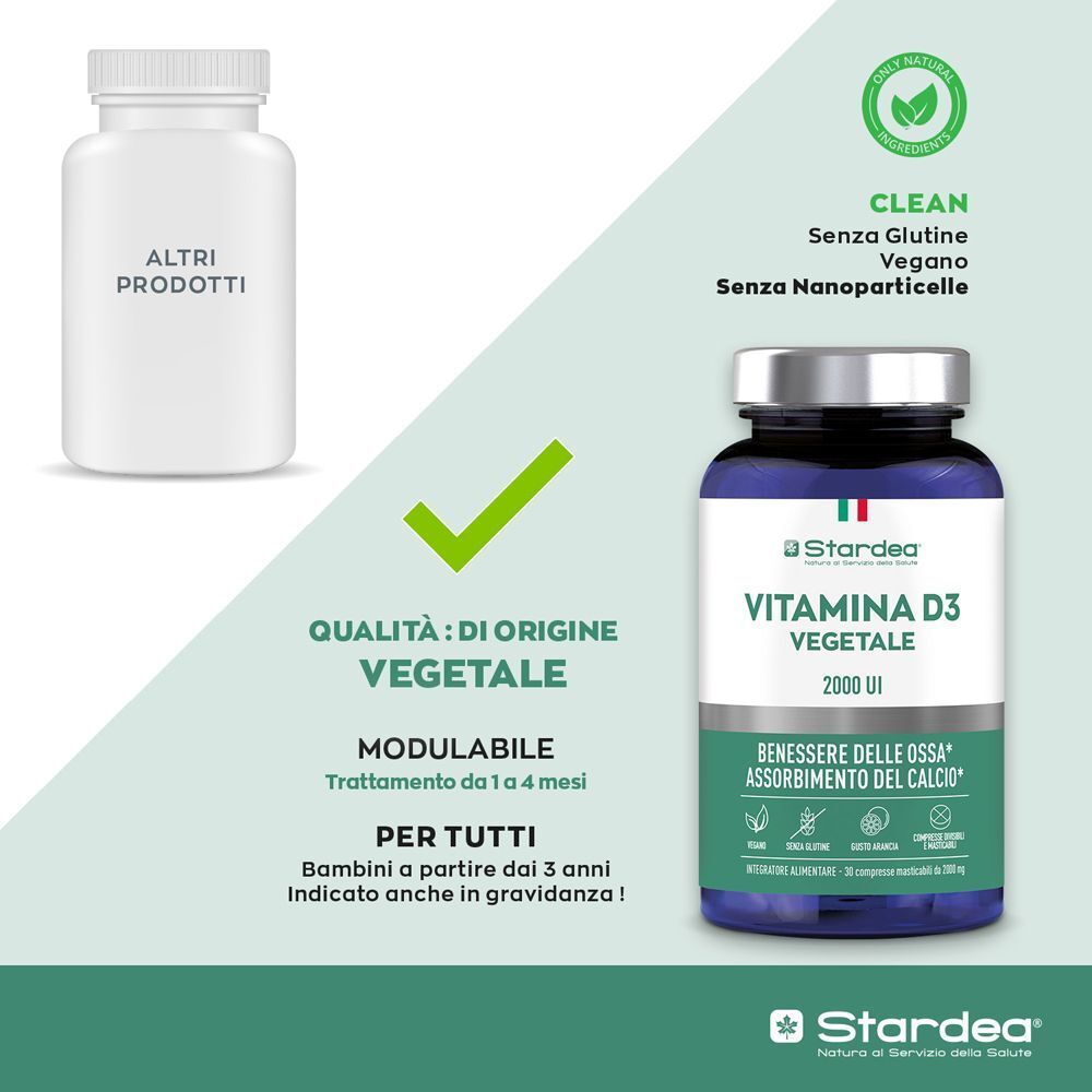 Flacone Stardea Vitamina D3 Vegetale 2000 UI accanto a un contenitore vuoto, con etichette qualità.