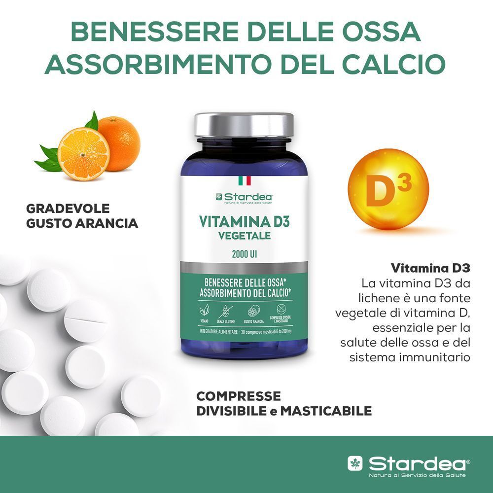 Flacone Stardea Vitamina D3 Vegetale 2000 UI con arance e compresse, gusto arancia.