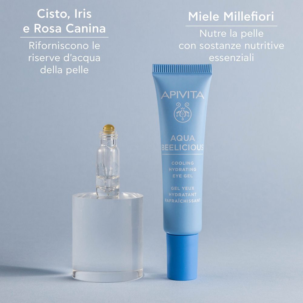 Tubetto gel contorno occhi APIVITA Aqua Beelicious e flacone contagocce con essenza oleosa. Testo: Cisto, Iris, Rosa Canina, Miele Millefiori.
