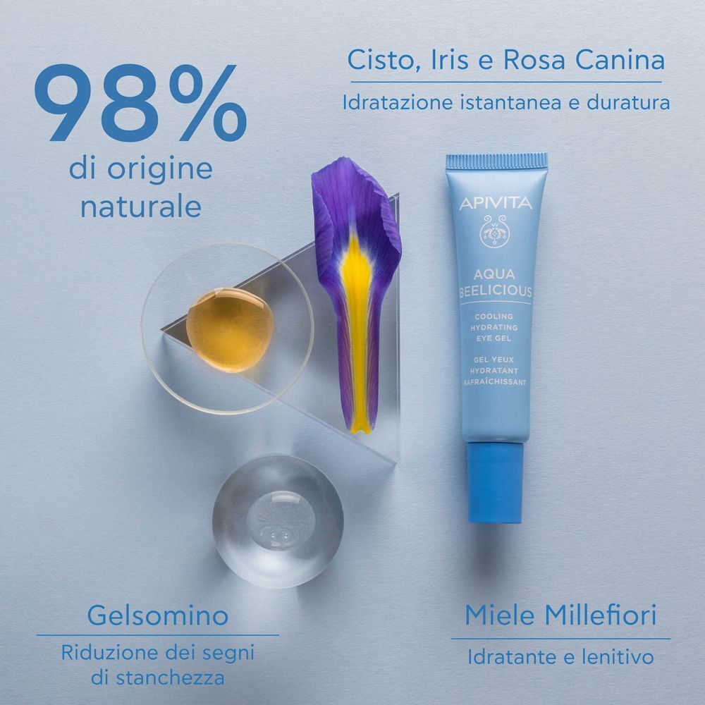 Gel occhi APIVITA Aqua Beelicious con cisto, iris e rosa canina, 98% origine naturale.