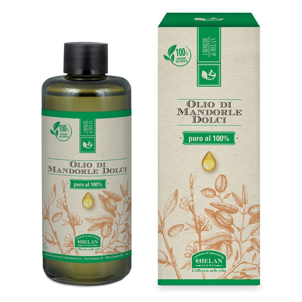 Flacone e scatola Helan Olio di Mandorle dolci, puro olio di mandorle al 100%. Etichette verdi con simboli di mandorla.