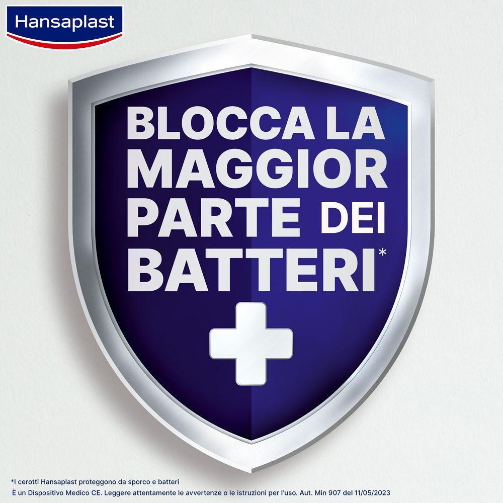 Cerotti Hansaplast Sensitive 3XL: bloccano la maggior parte dei batteri con tecnologia 'Bacteria Shield'.