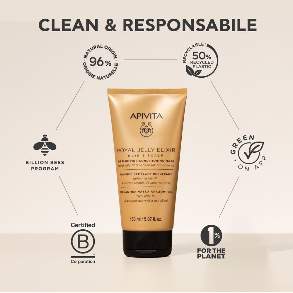 Tubo Apivita Royal Jelly Elixir Maschera Balsamo Rimpolpante circondato da icone: ape, 96% origine naturale, 50% plastica riciclata, certificazione.