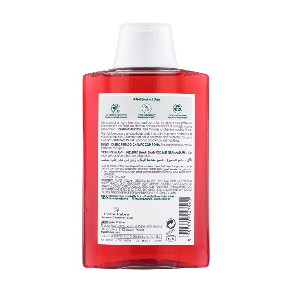 Retro di un flacone di shampoo Klorane con ingredienti e istruzioni.