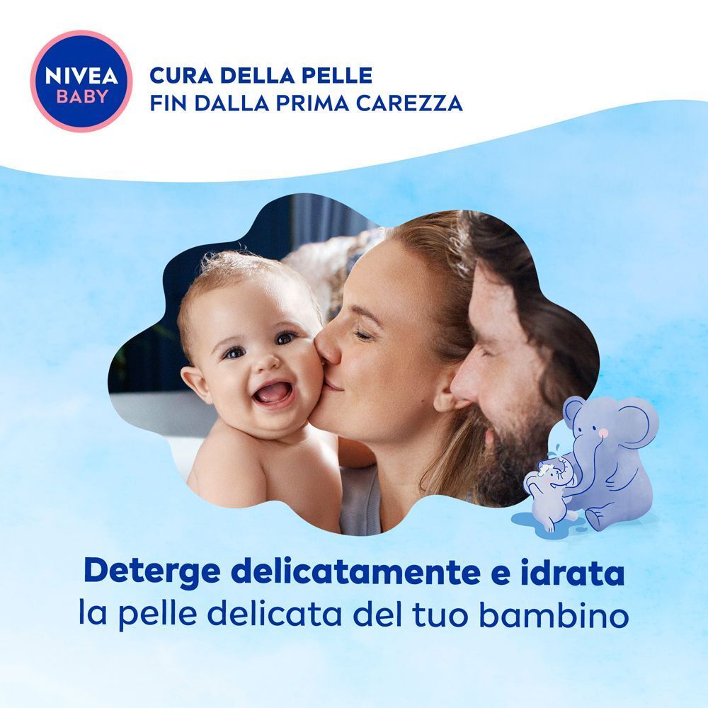 Genitori che baciano il loro bambino. Logo Nivea Baby e testo 'Deterge delicatamente e idrata la pelle delicata del tuo bambino'.