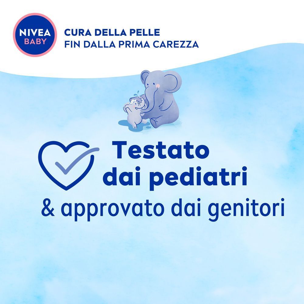 Logo Nivea Baby e disegno elefante. Testo: Testato dai pediatri & approvato dai genitori.