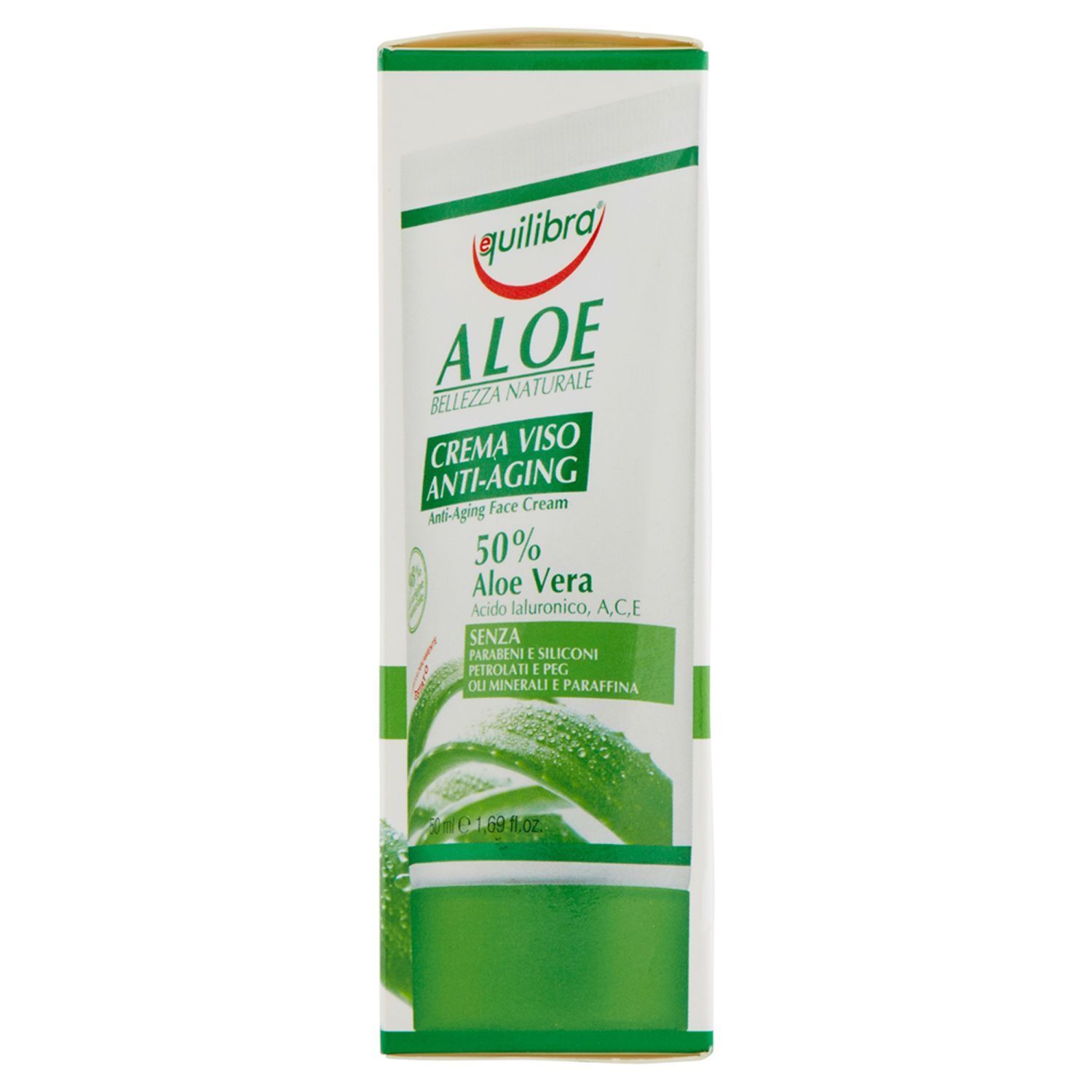 Una confezione di crema viso anti-aging Equilibra Aloe, fronte con motivo aloe.