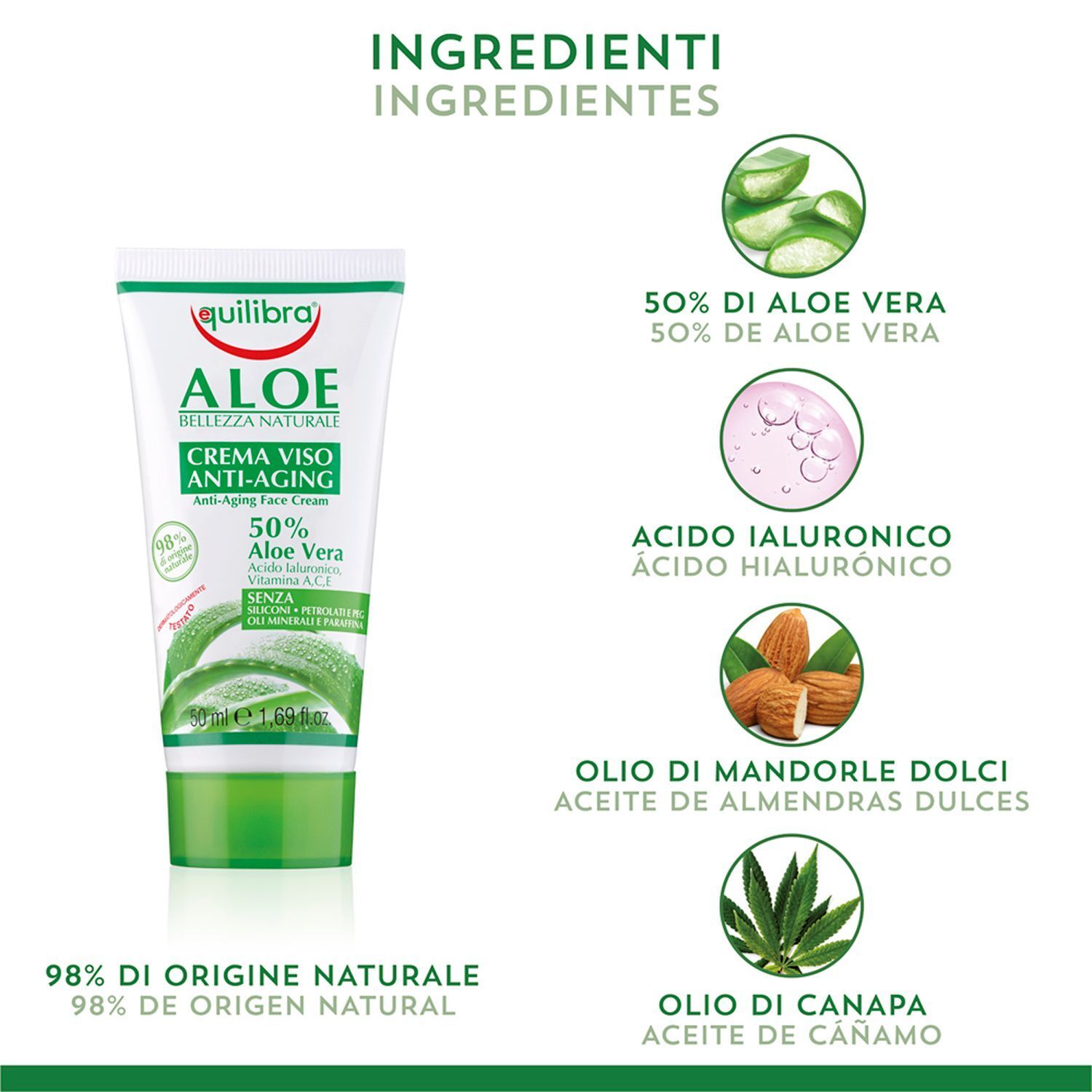 Tubo di crema viso anti-aging Equilibra Aloe con illustrazioni di aloe vera e olio di mandorle.