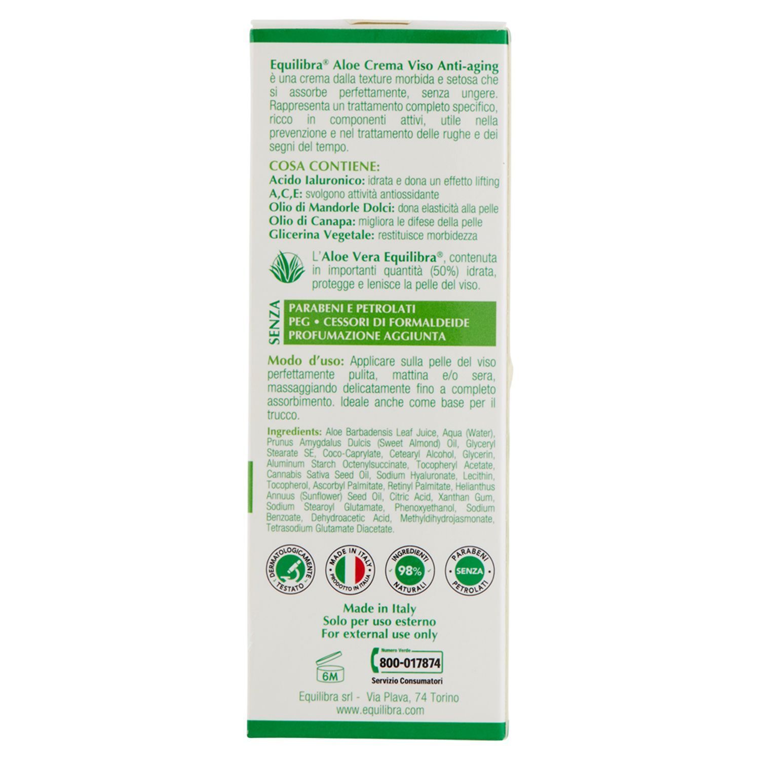 Retro di una confezione di Equilibra ALOE Crema Viso Anti-Aging con ingredienti e istruzioni.
