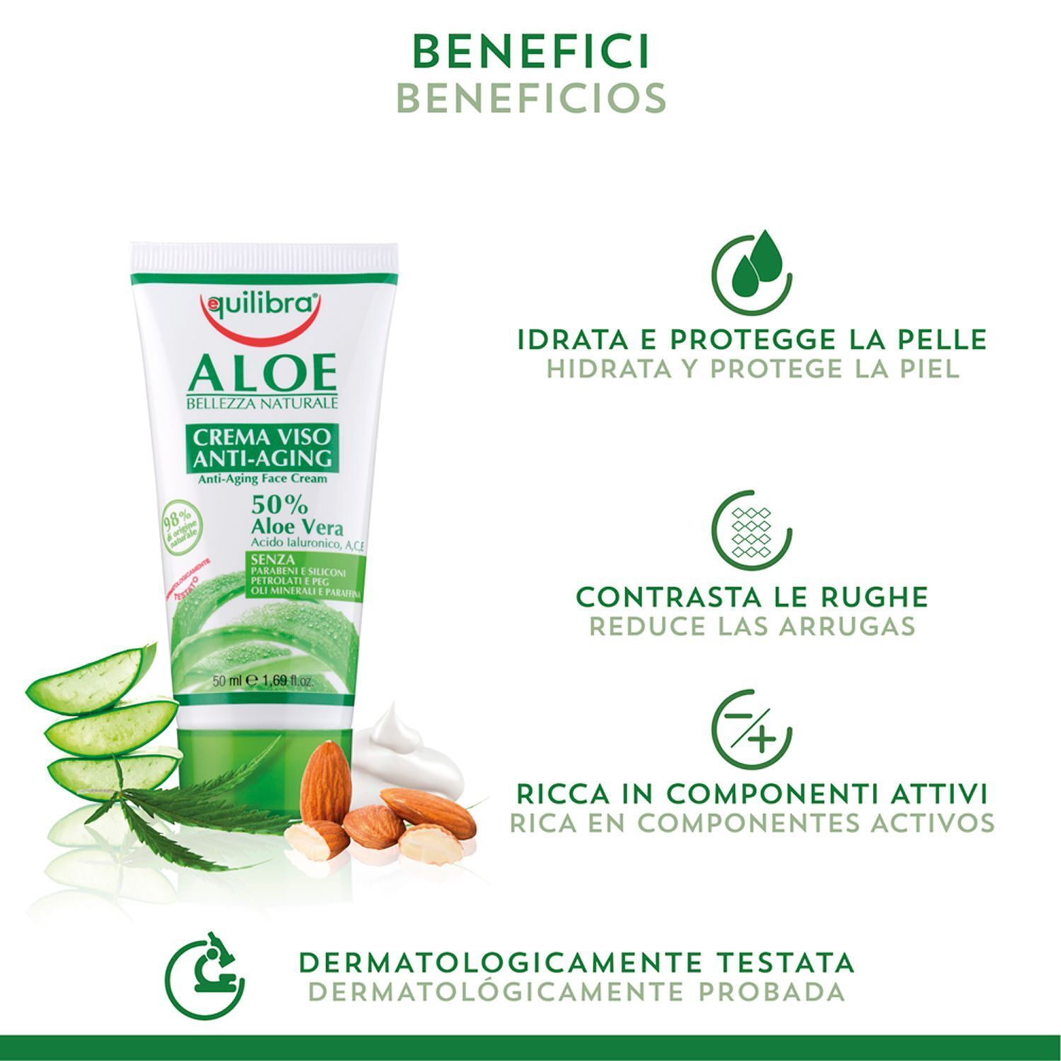 Tubo di Equilibra ALOE Crema Viso Anti-Aging con benefici come idratazione e riduzione delle rughe.