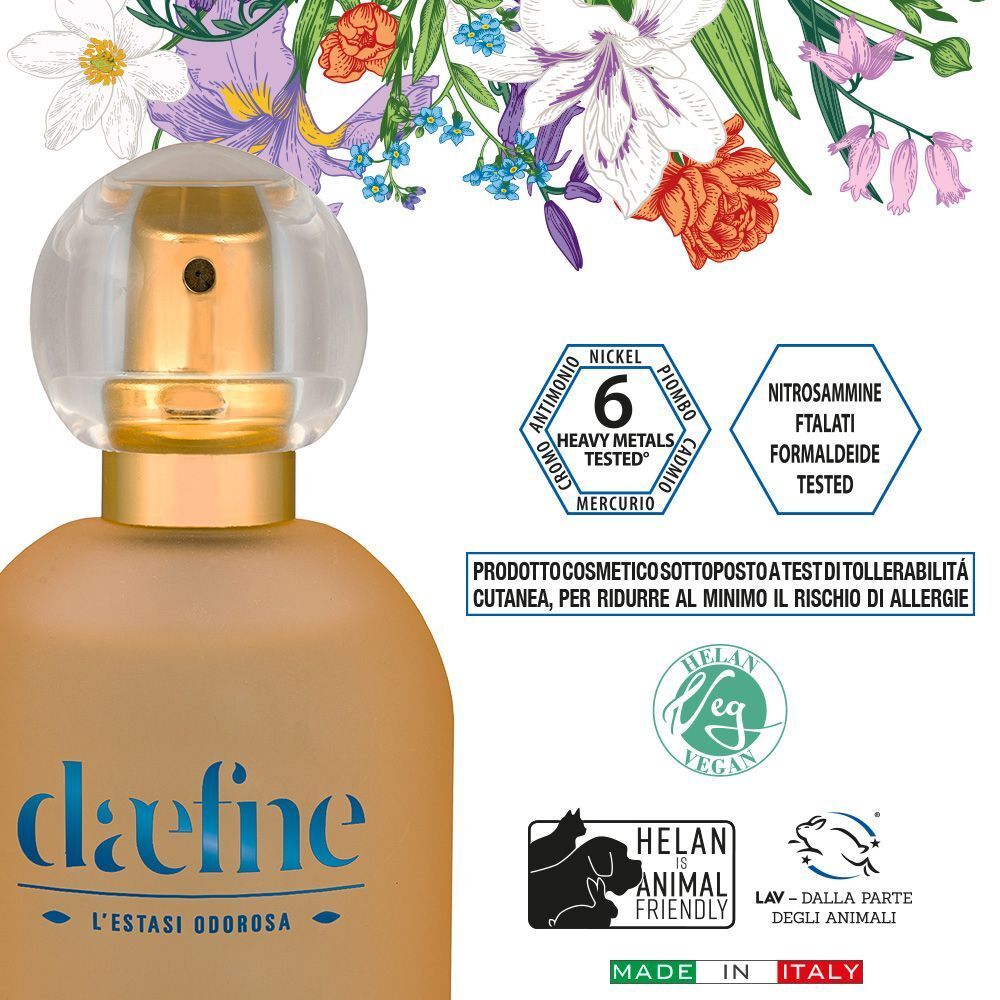 Flacone Helan DAEFNE Eau de Parfum con sigilli per metalli pesanti, nichel, formaldeide e vegan.