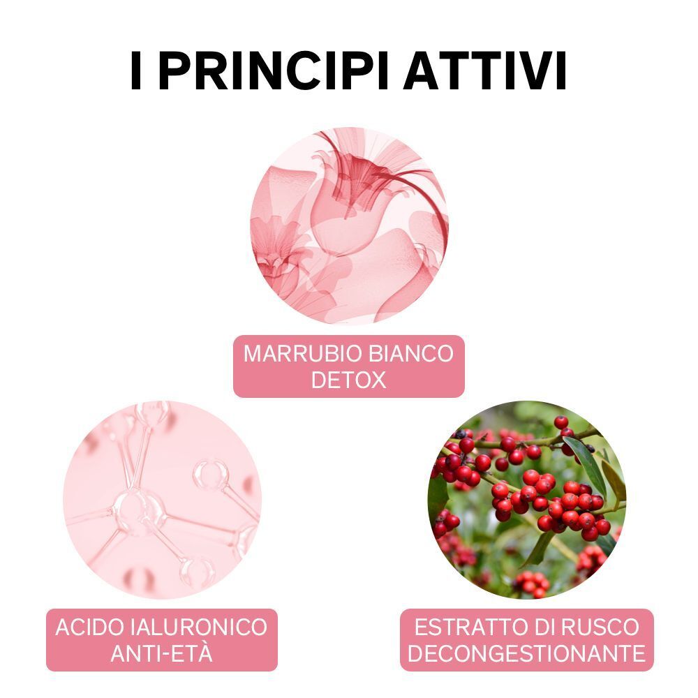 Principi attivi: Detox di marrubio bianco, acido ialuronico anti-età, estratto di rusco.