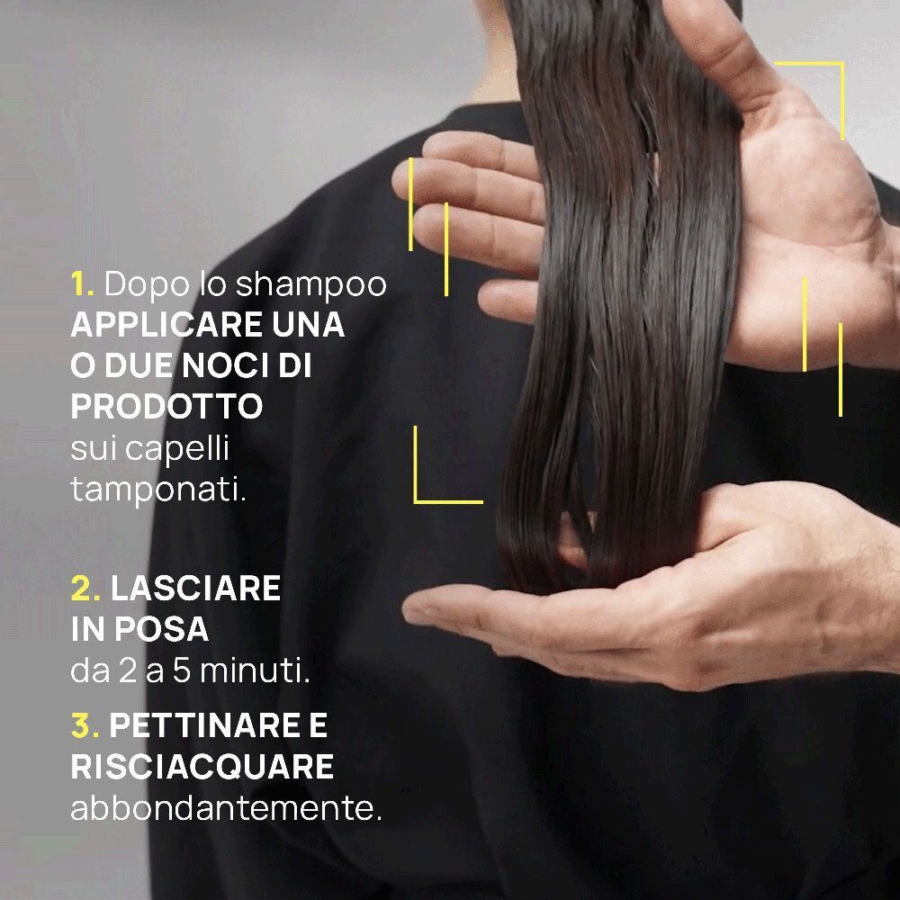 Applicazione maschera René Furterer: applicare, lasciare in posa, risciacquare.