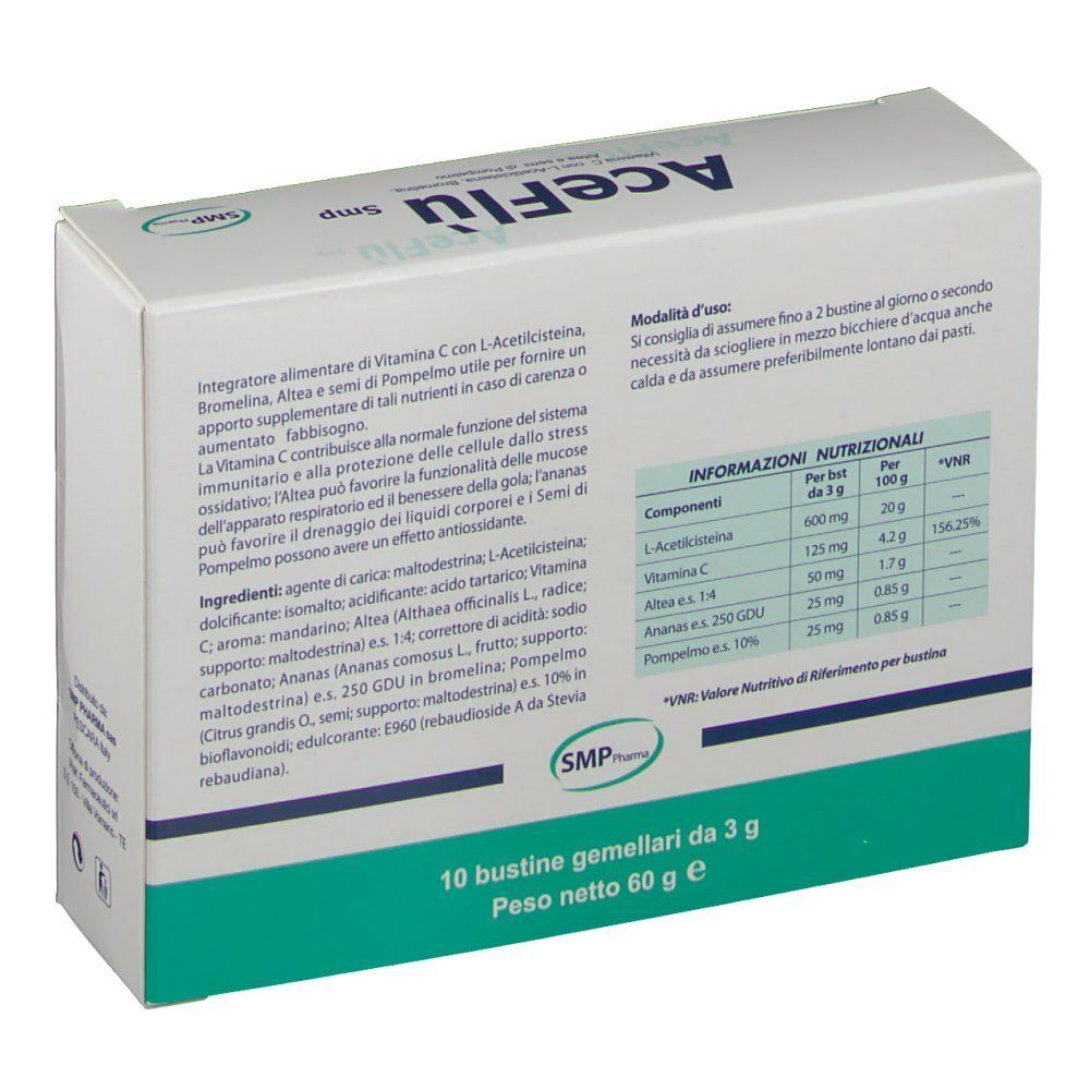 Retro di una confezione AceFlú Smp con informazioni nutrizionali.